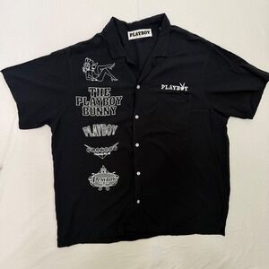 Playboy By Pacsun Mens L Black Button Up Shirt Bunny Logo Graphic Collared Y2K